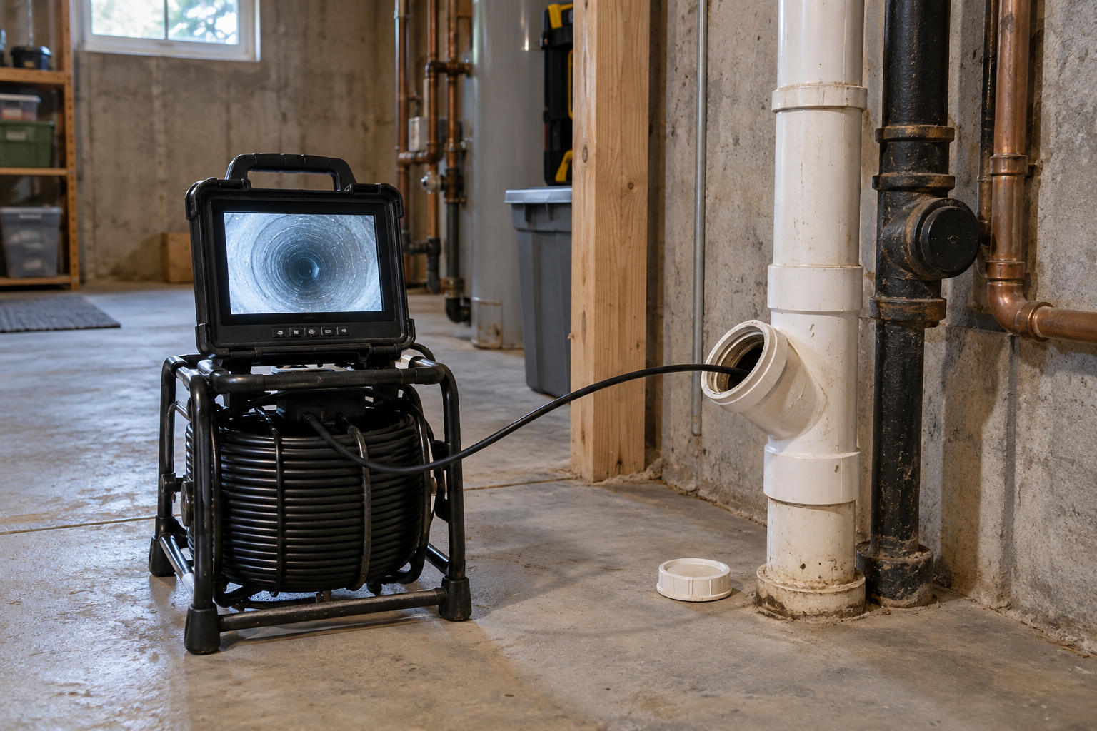 Illustrative drain inspection camera and monitor near a cleanout