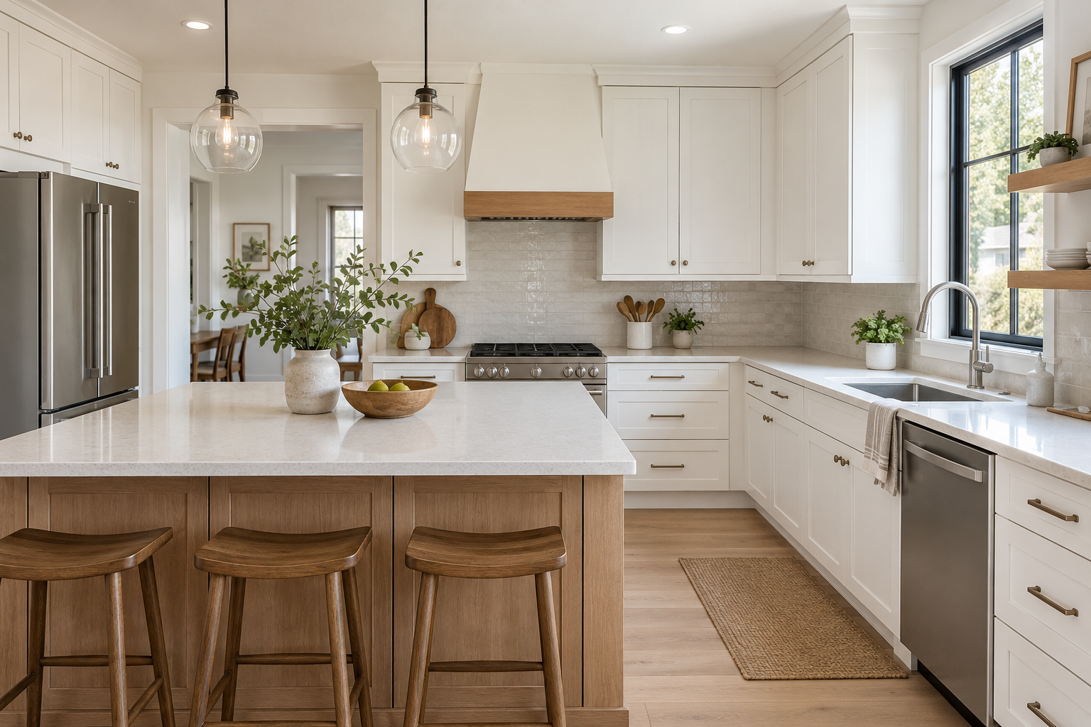 Illustrative bright remodeled kitchen with island and white cabinets